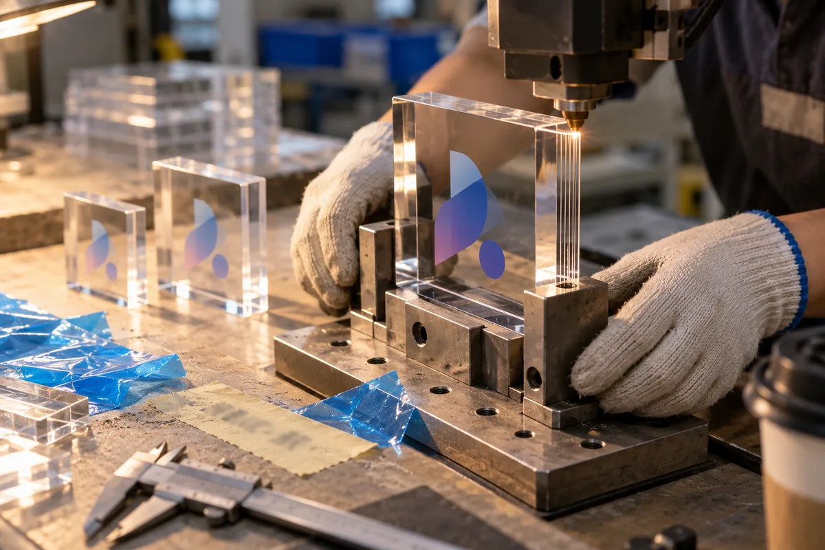 Laser engraving the edge of a thick square acrylic giveaway block