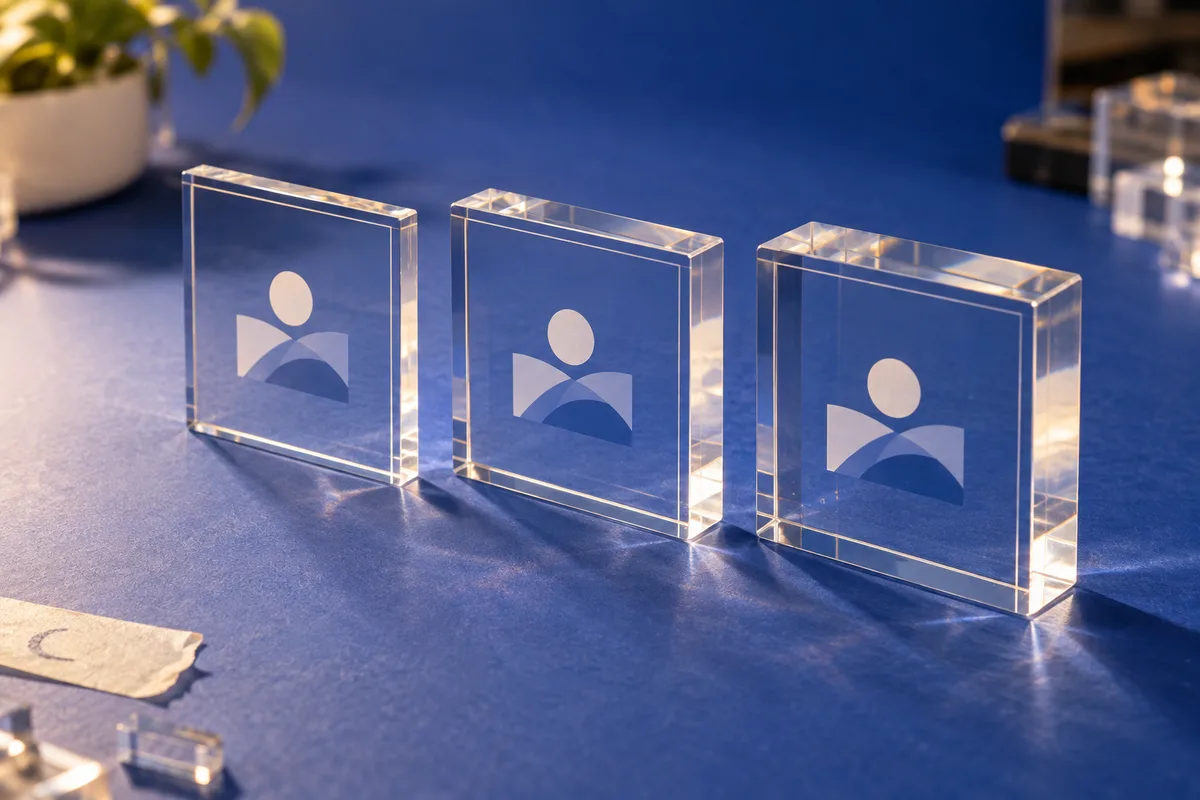 Three tiers of square acrylic giveaway blocks in 8, 15 and 25 mm thicknesses