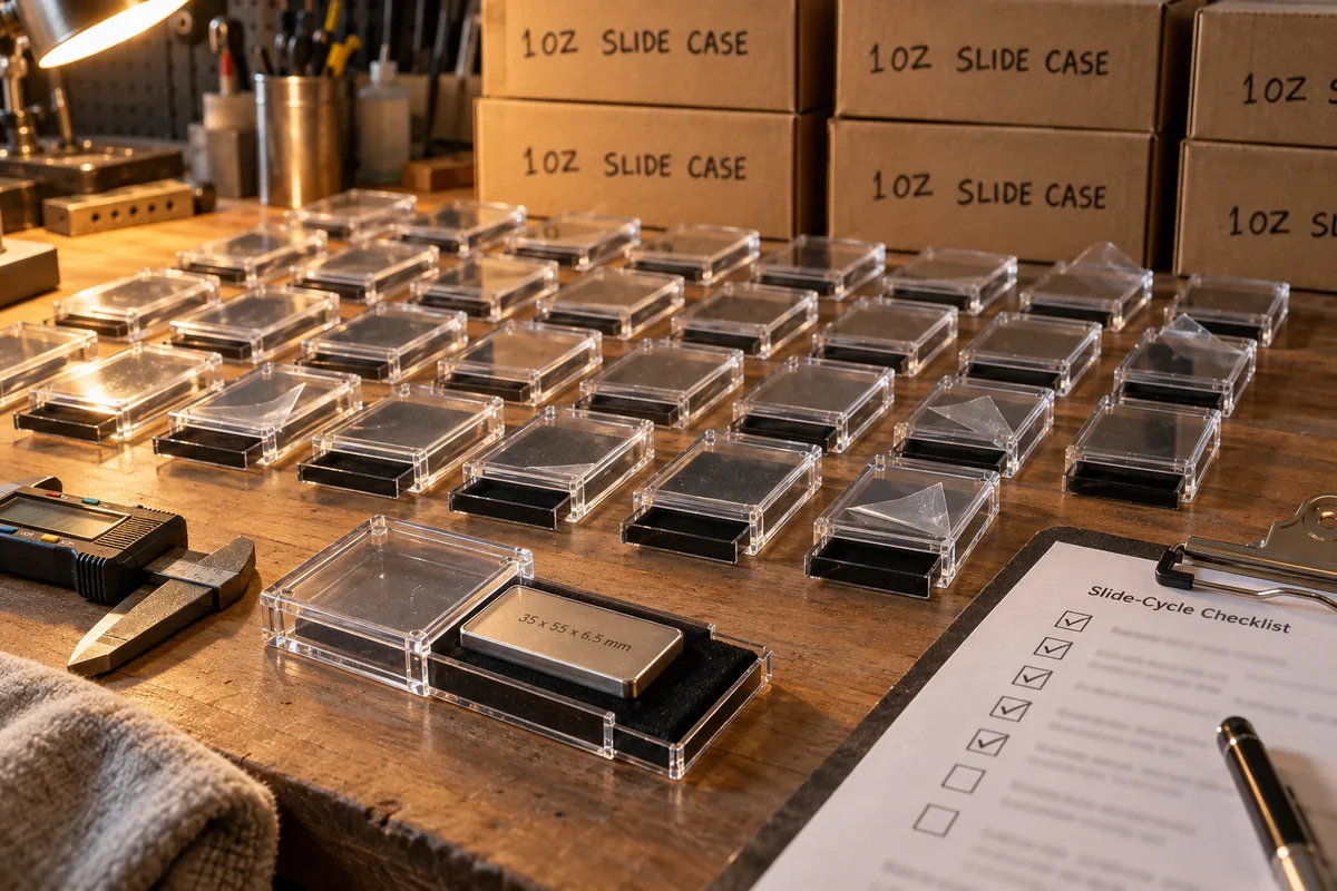One-ounce bullion display case with a sliding bottom from this order lined up on the QC table before packing