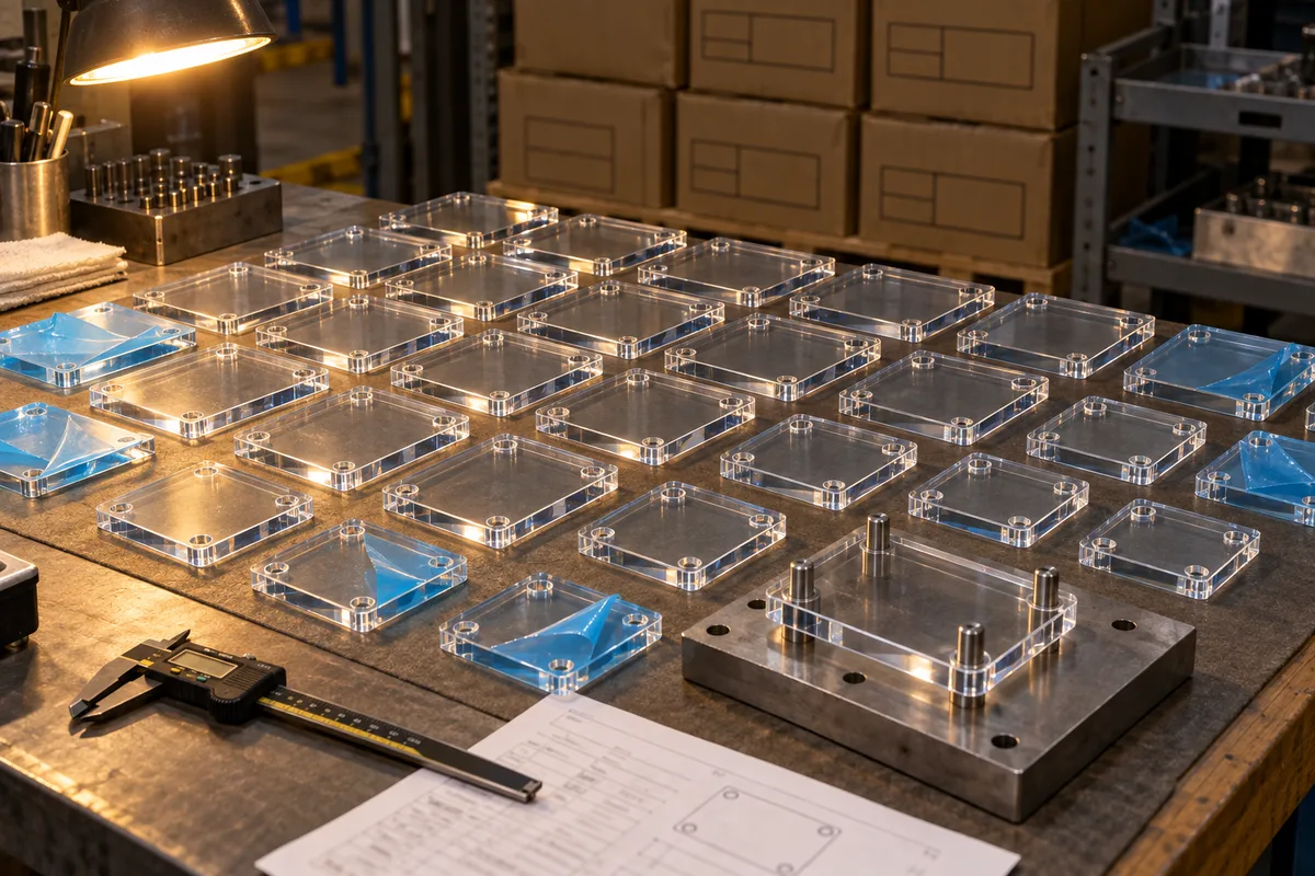 CNC-machined clear acrylic instrument bases from this order lined up on the QC table before packing