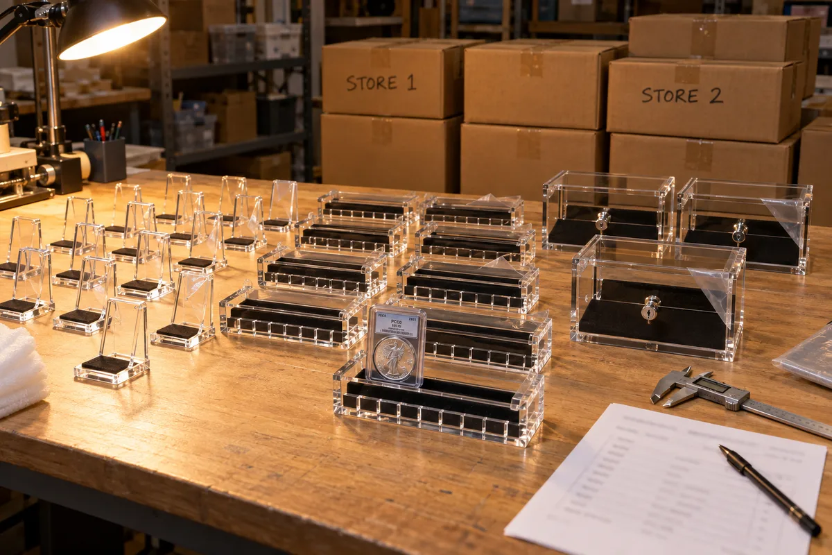 Coin slab counter display family: single-slab stands from this order lined up on the QC table before packing
