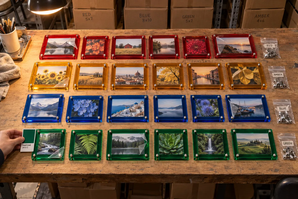 Colored acrylic gallery frames with standoff float mounts from this order lined up on the QC table before packing