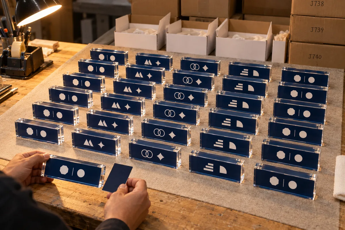 UV-printed corporate co-brand logo blocks from this order lined up on the QC table before packing