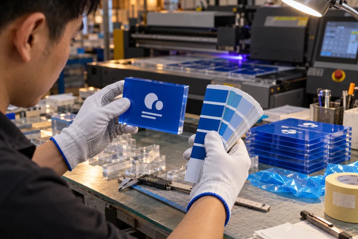 Checking a UV-printed acrylic logo block against a color fan deck