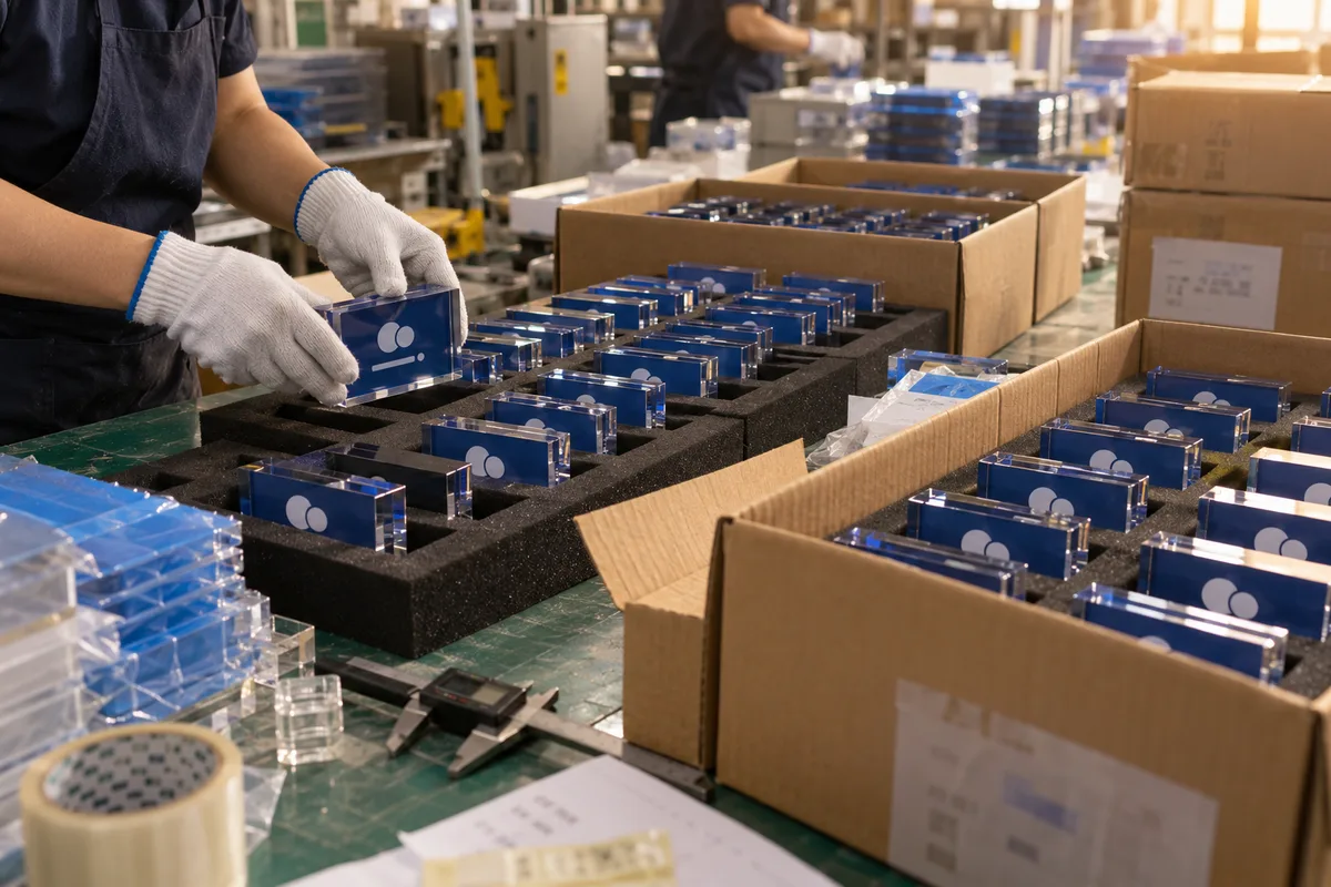 Colored acrylic corporate logo blocks packed in foam inserts for a 1,000-piece reorder