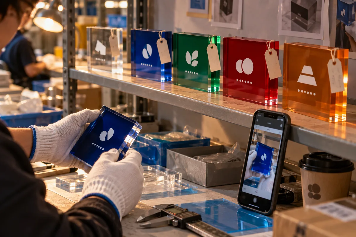 Retained approved sample acrylic logo blocks with tags on a factory sample shelf