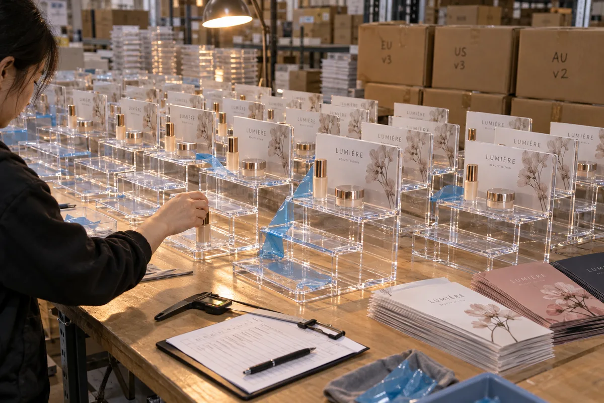 Multi-part countertop cosmetics display with tester inserts and versioned printed graphics from this order lined up on the QC table before packing