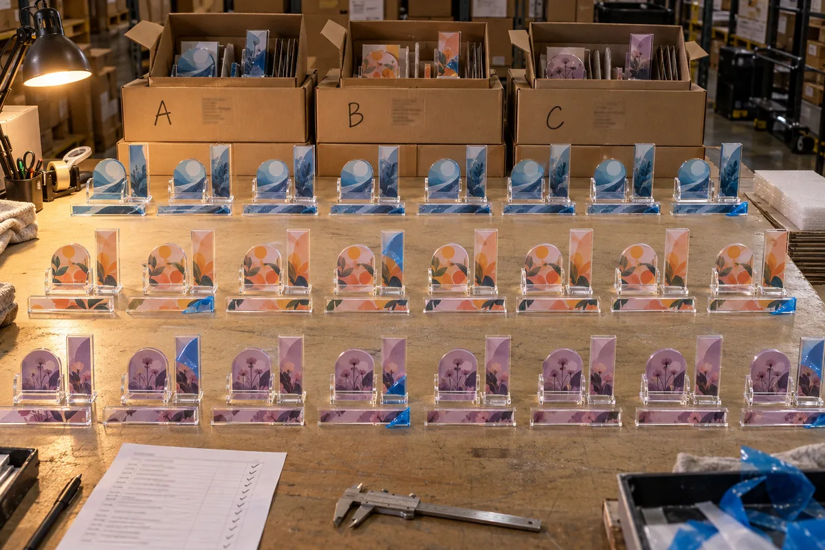 Three-piece acrylic POS kit: countertop display with printed backer from this order lined up on the QC table before packing