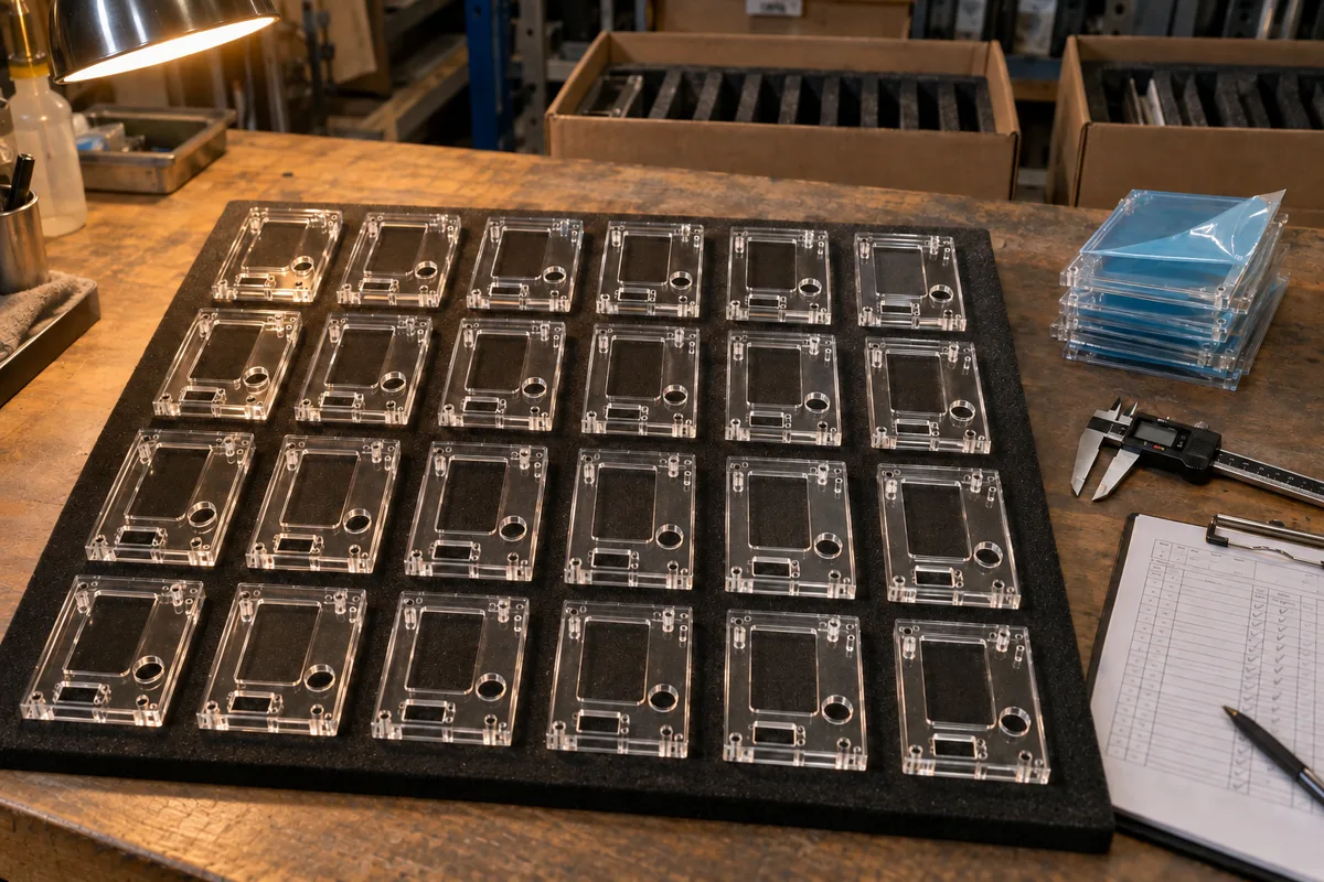 Two drawing-controlled precision acrylic parts: a machined housing panel and a window panel from this order lined up on the QC table before packing