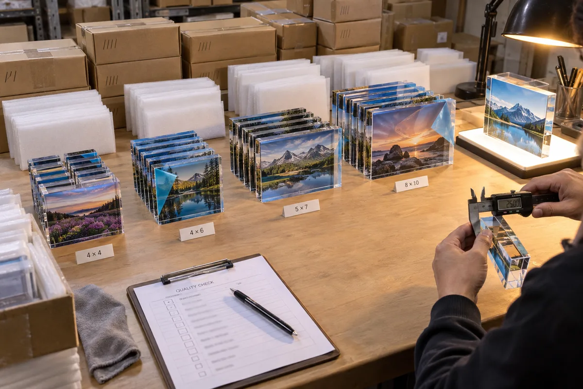 Custom acrylic photo blocks in four sizes from this order lined up on the QC table before packing