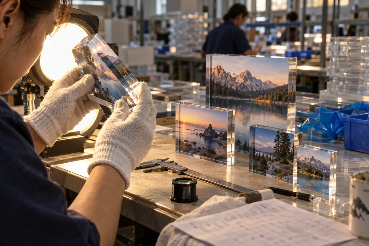 Inspecting an acrylic photo block for bubbles under an inspection light