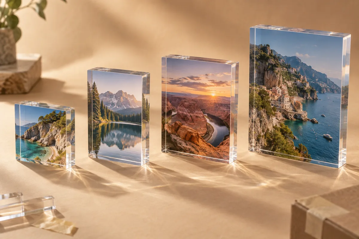 Clear acrylic photo blocks in four sizes with printed photos