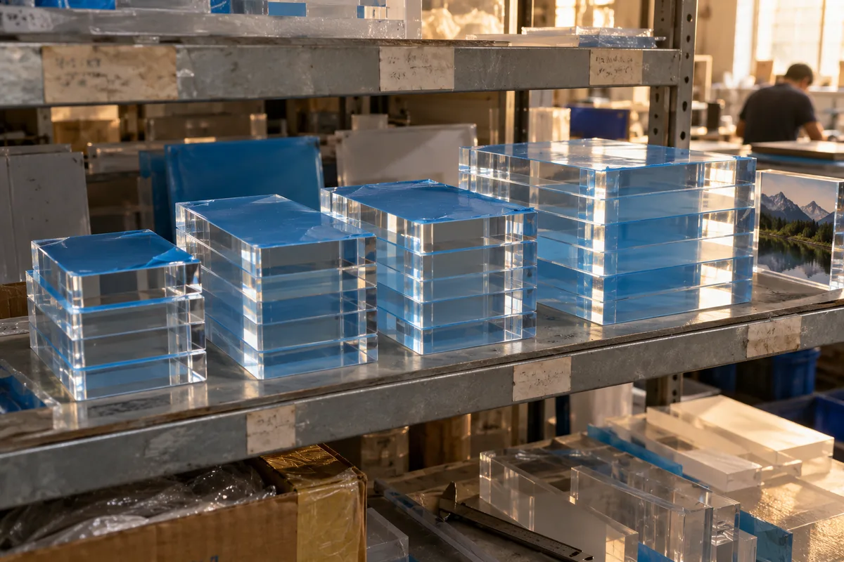 Reserved blank clear acrylic photo blocks stacked on a storage rack