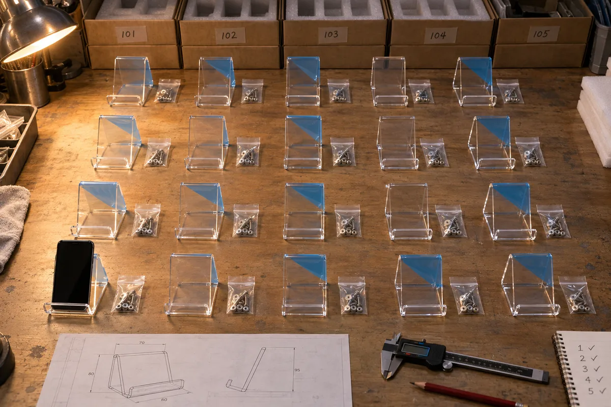 Clear acrylic device stand with bent support from this order lined up on the QC table before packing