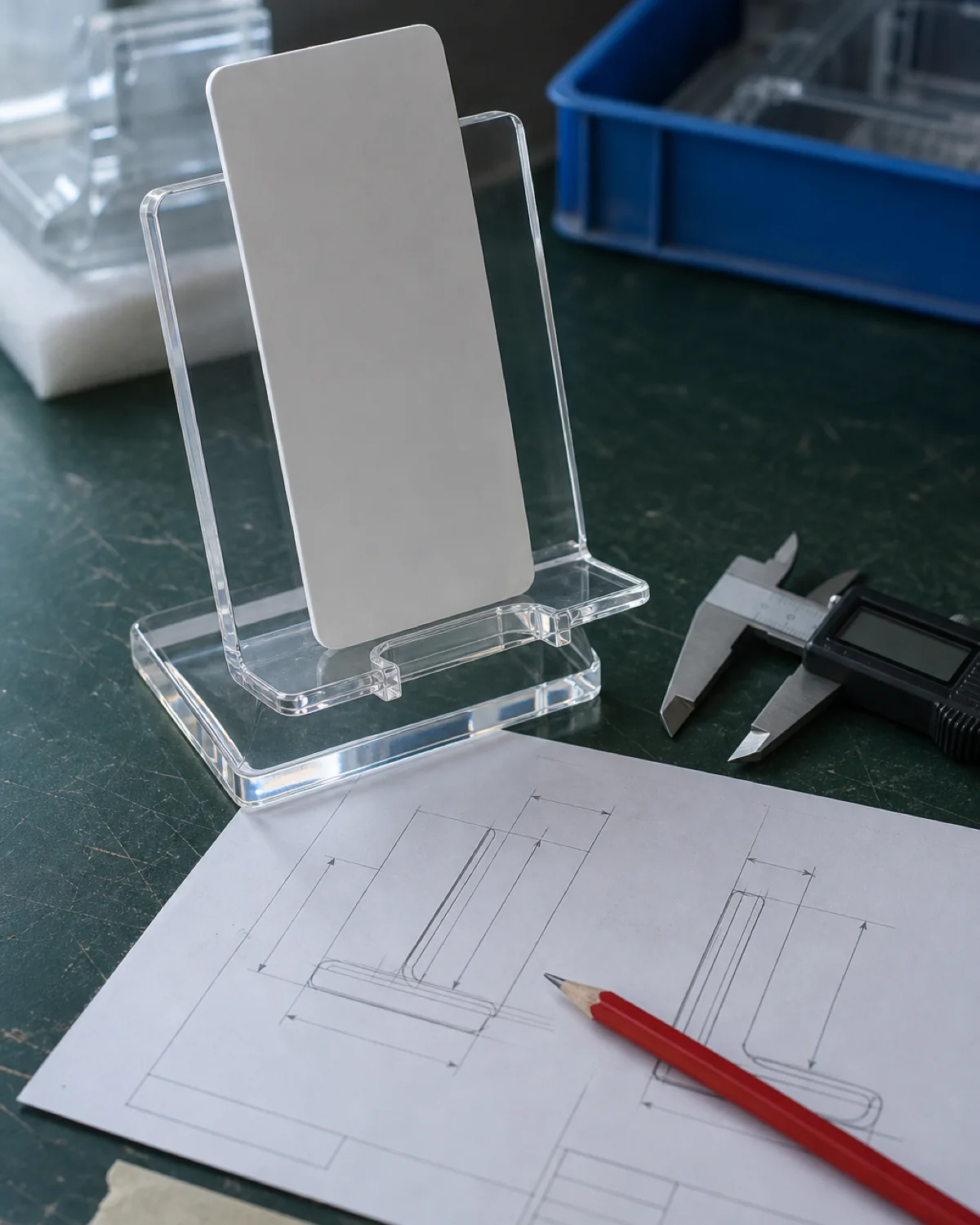 Clear acrylic device stand holding a blank fit gauge beside an unbranded dimension drawing, digital calipers, and a red revision pencil