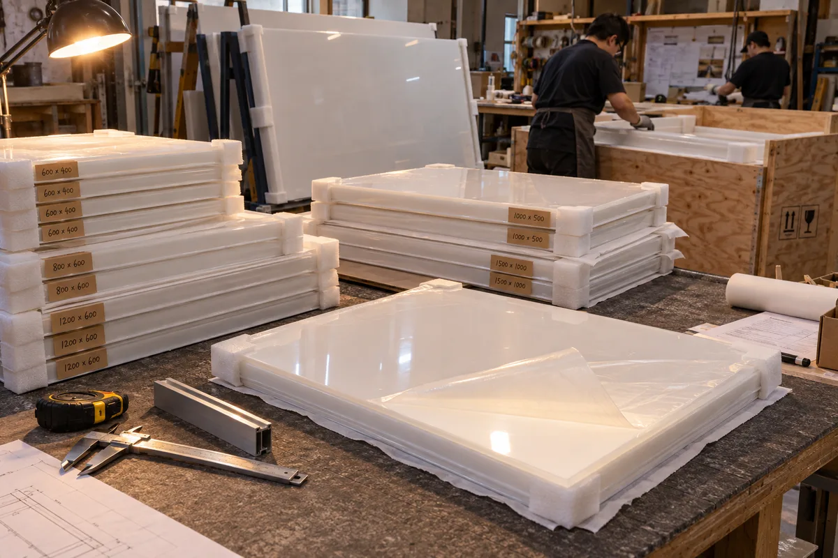 Cut-to-size opal cast acrylic sheets for LED-backlit signage and light-diffuser panels from this order lined up on the QC table before packing