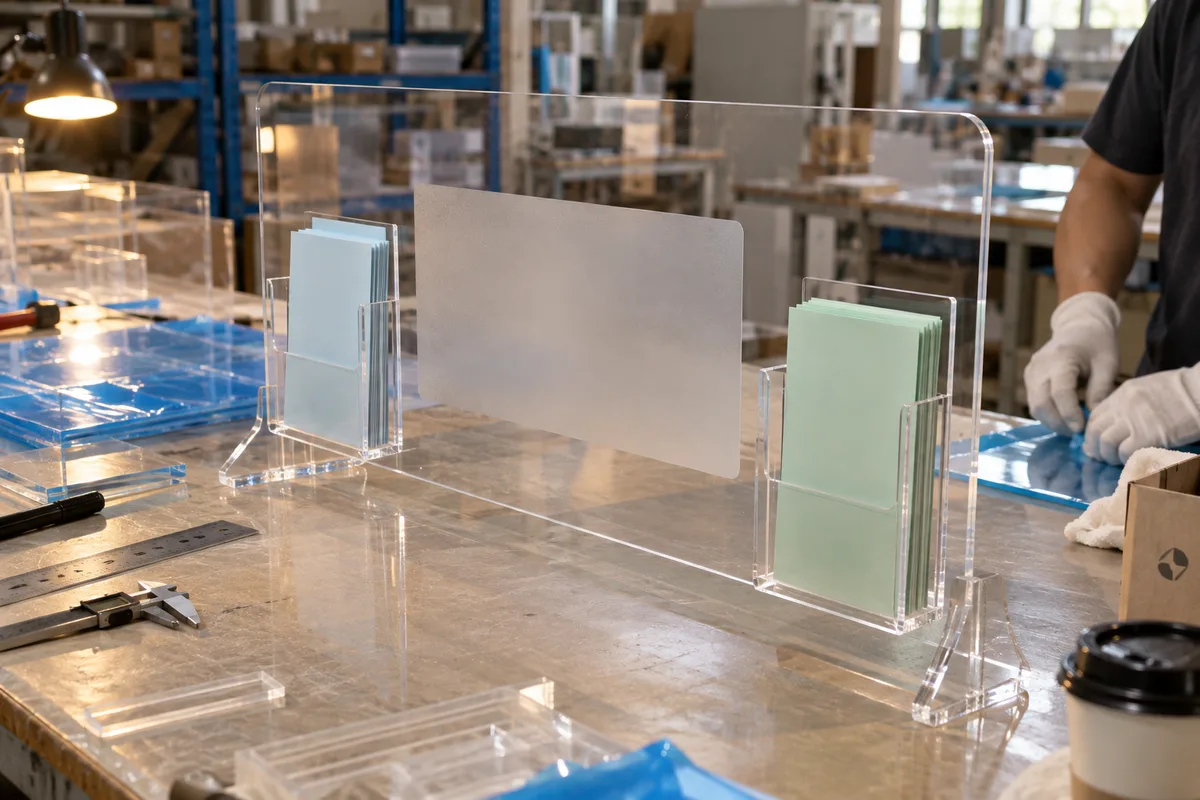 Clear acrylic reception sneeze guard with frosted privacy panel and two brochure pockets