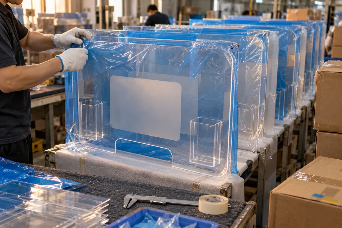 Clear acrylic reception sneeze guards wrapped in protective film before packing