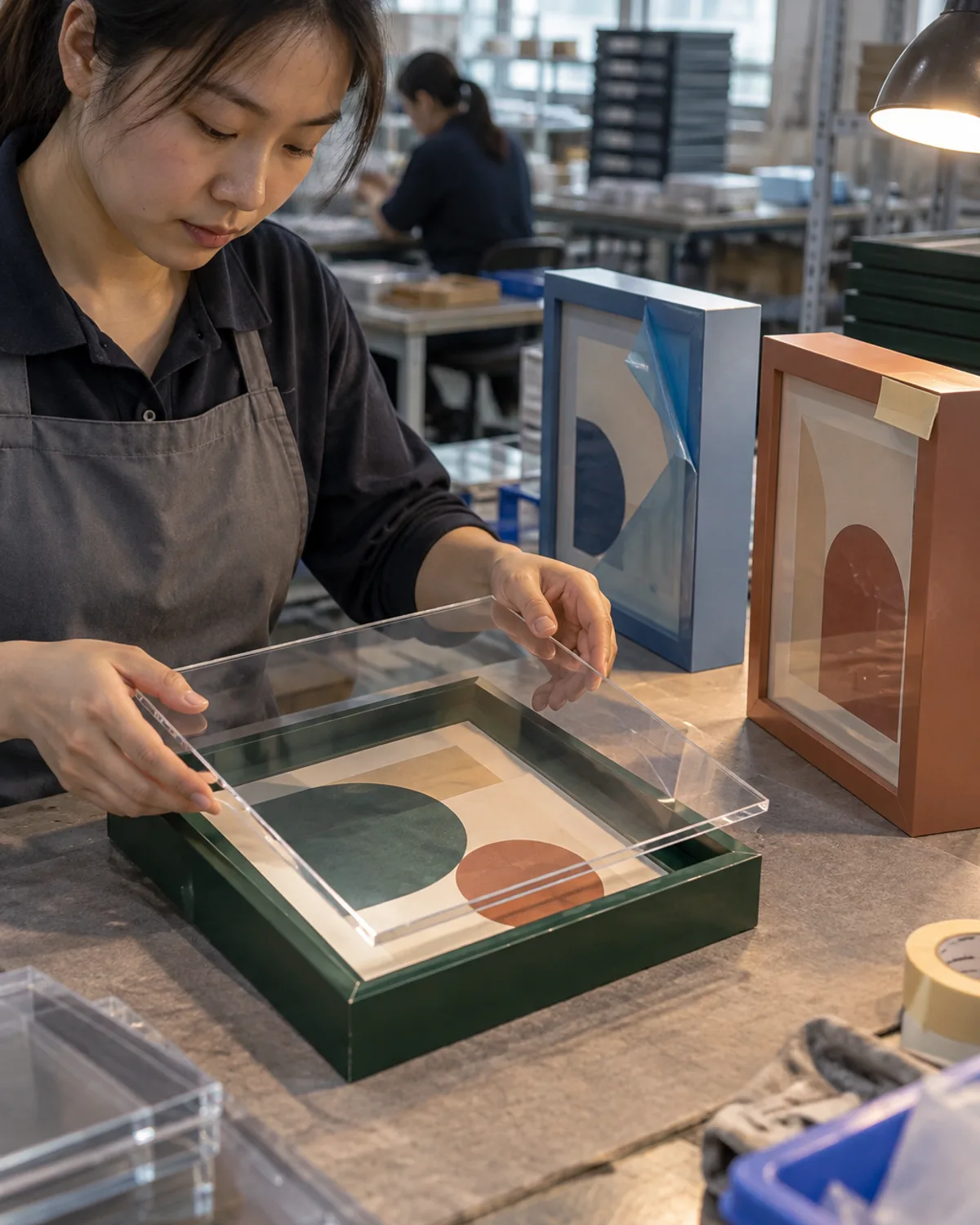 Factory operator lowering a clear acrylic front panel onto a forest-green acrylic floating frame body at an assembly bench, with finished blue and terracotta frames standing on edge beside it