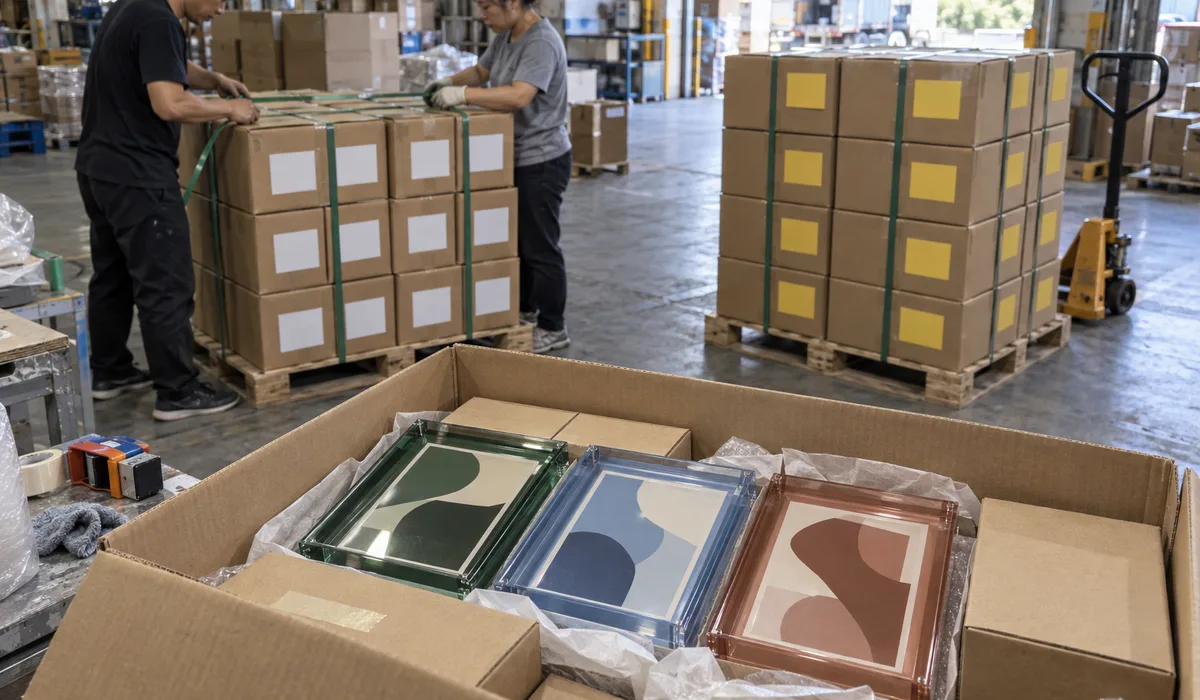 Factory dispatch floor with two separate pallet stacks of export cartons carrying different-colored blank labels for two destinations, two warehouse workers strapping one pallet, and an open carton showing labelled inner boxes of colored acrylic frames