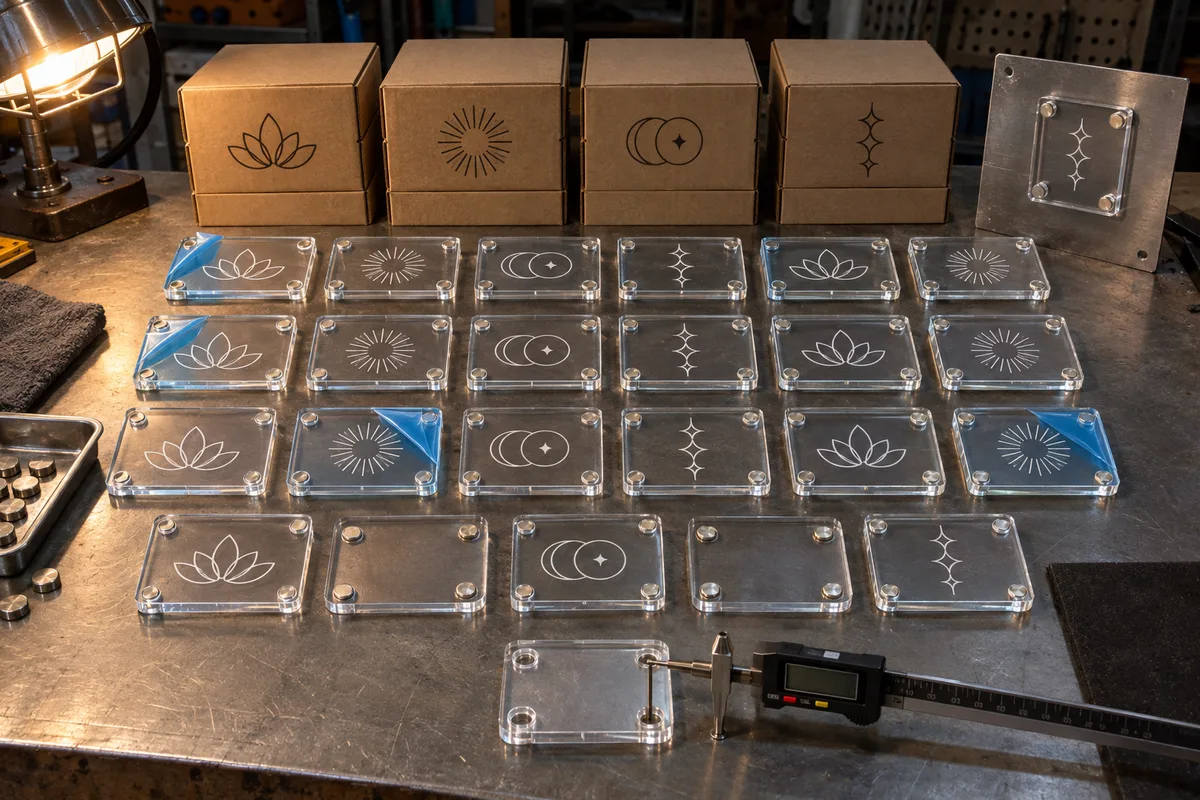 Engraved clear acrylic signs held by hidden rear magnets from this order lined up on the QC table before packing