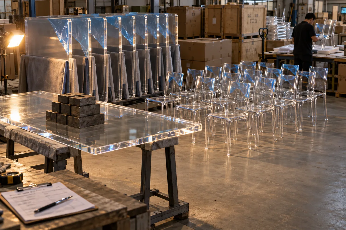 Acrylic dining tables and acrylic chairs from this order lined up on the QC table before packing
