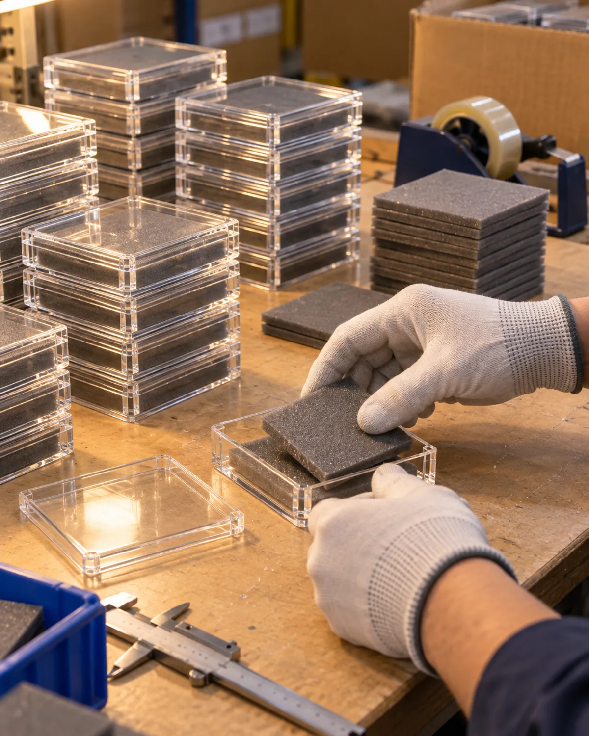 Gloved hands placing a square grey foam pad into a small clear acrylic component box on a factory bench, with stacks of identical closed boxes and cut foam pads behind