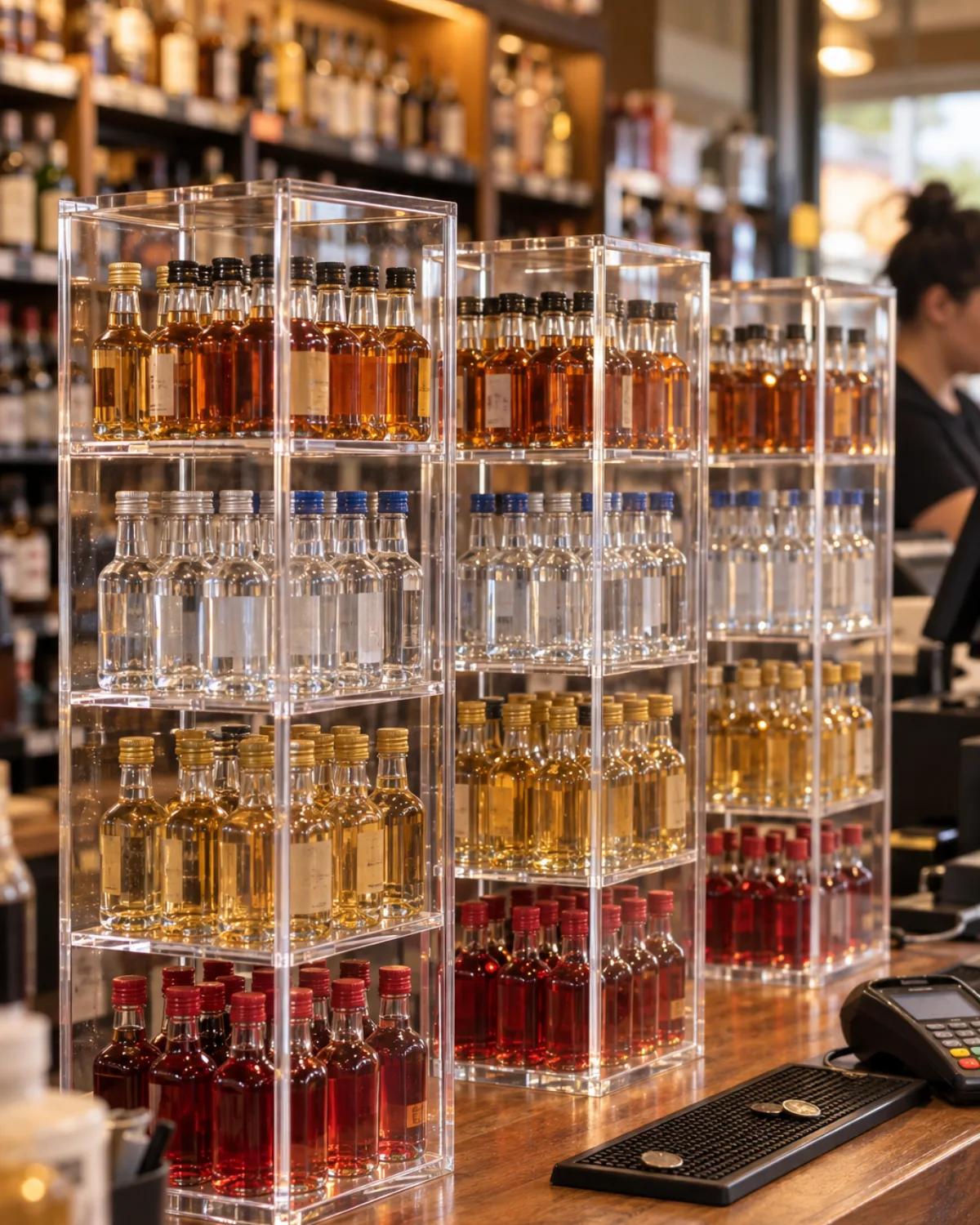Three clear acrylic four-shelf countertop display cases on a liquor store checkout counter, each shelf lined with 50 ml miniature spirit bottles behind 6 mm plexiglass panels