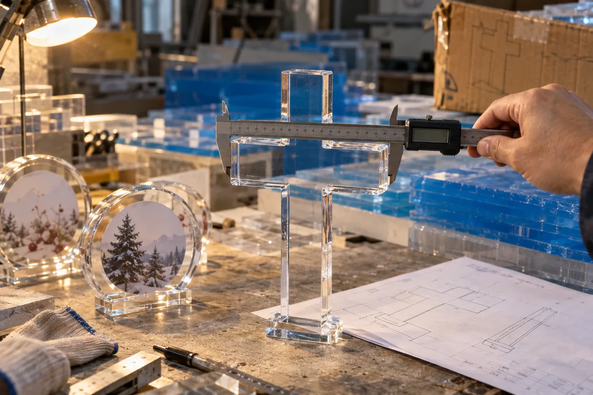 Thick clear acrylic cross shelf sitter measured against its drawing