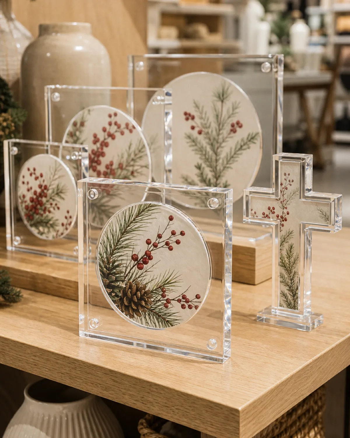 Clear acrylic photo frames with round printed paper inserts and a cross-shaped acrylic shelf sitter arranged as giftware decor on a retail shelf, polished PMMA keepsake frames