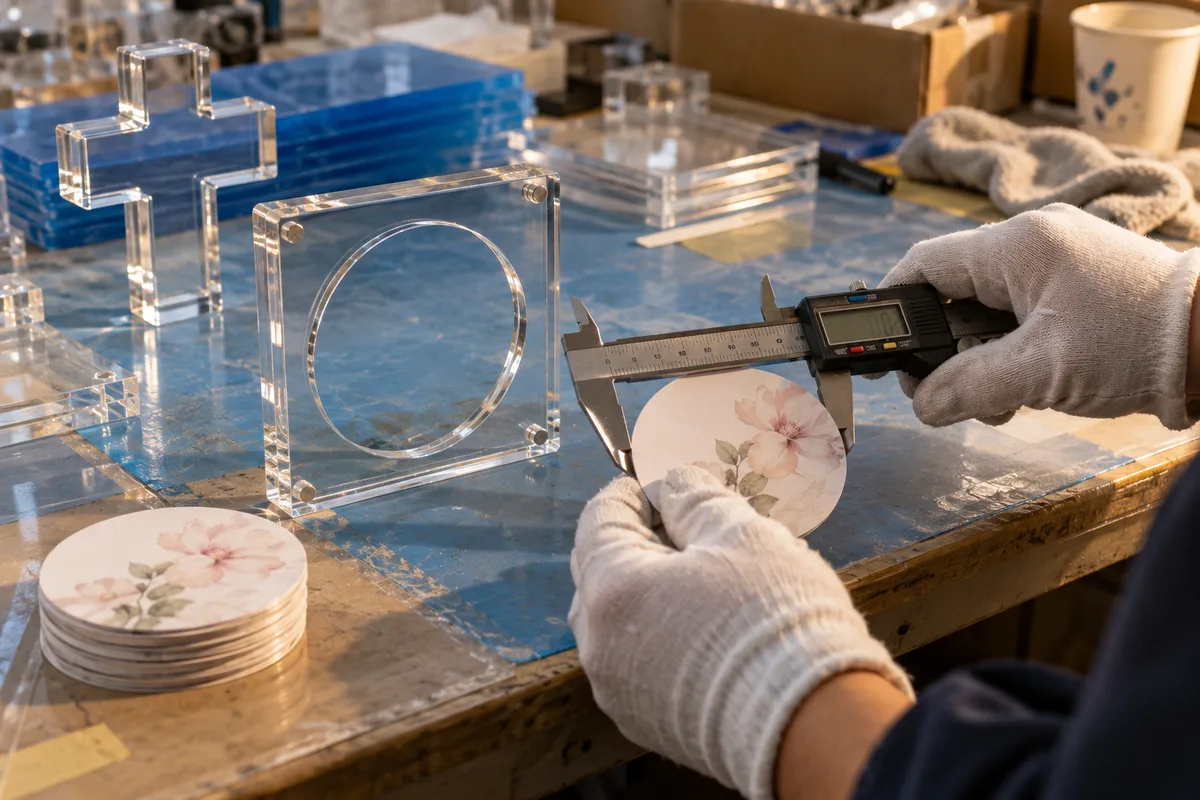 Measuring a round printed insert against a clear acrylic keepsake frame opening
