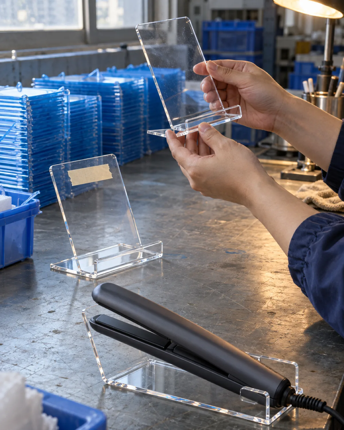 Clear 3 mm acrylic retail display stand holding an unbranded hair straightener on a factory inspection bench, with a QC inspector comparing a second stand to a tagged reference sample
