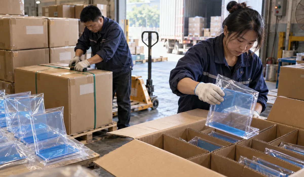 Factory dispatch area with clear acrylic hair-tool display stands being sleeved into divided export cartons on a pallet before Ex-Works collection by the buyer's forwarder