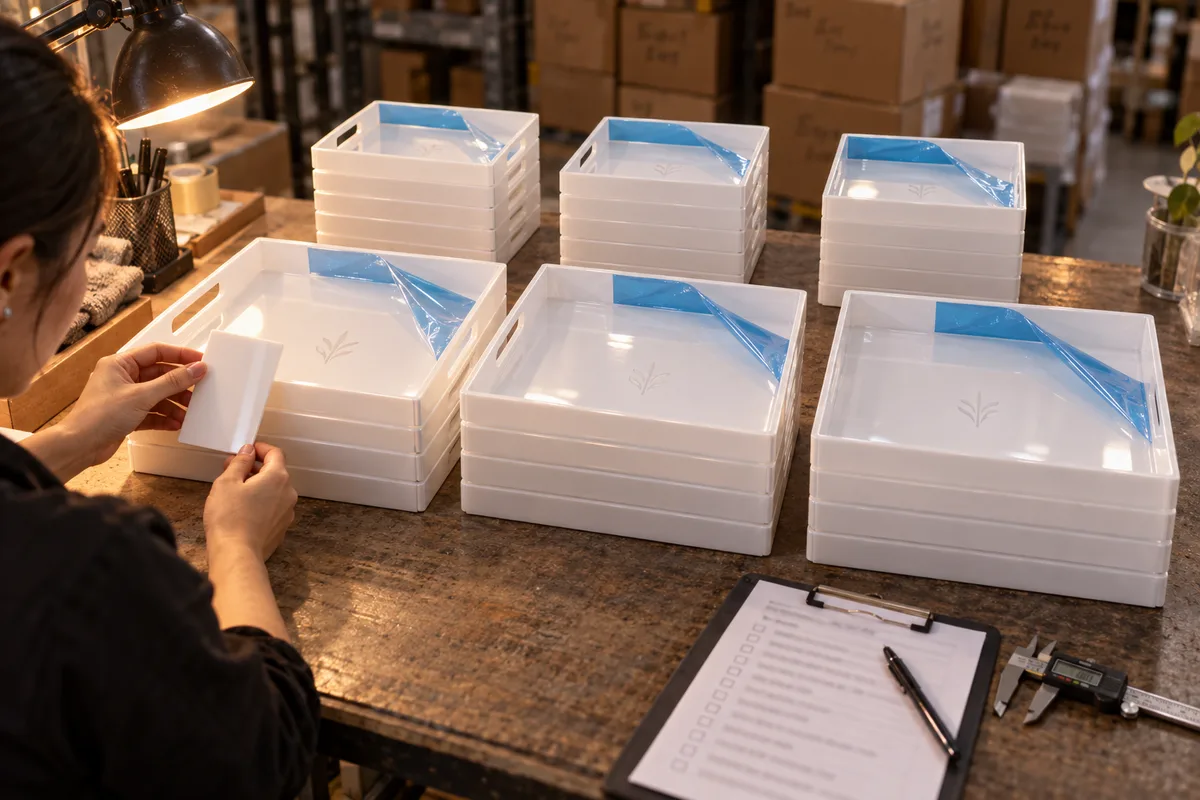 White acrylic amenity trays in two designs: 400 x 300 mm bar tray and 250 x 150 mm vanity tray from this order lined up on the QC table before packing