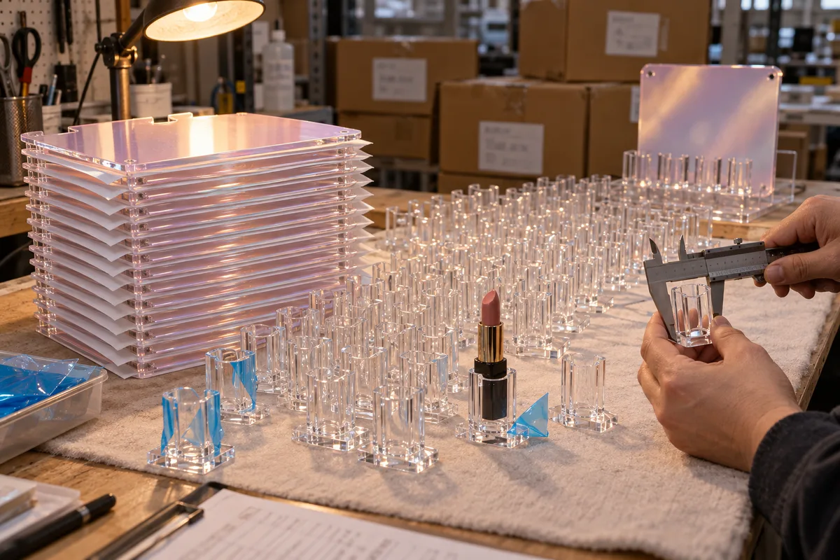 Non-electrical wall-mounted lipstick display: pearlescent backplate with rows of clear product-fit cradles from this order lined up on the QC table before packing