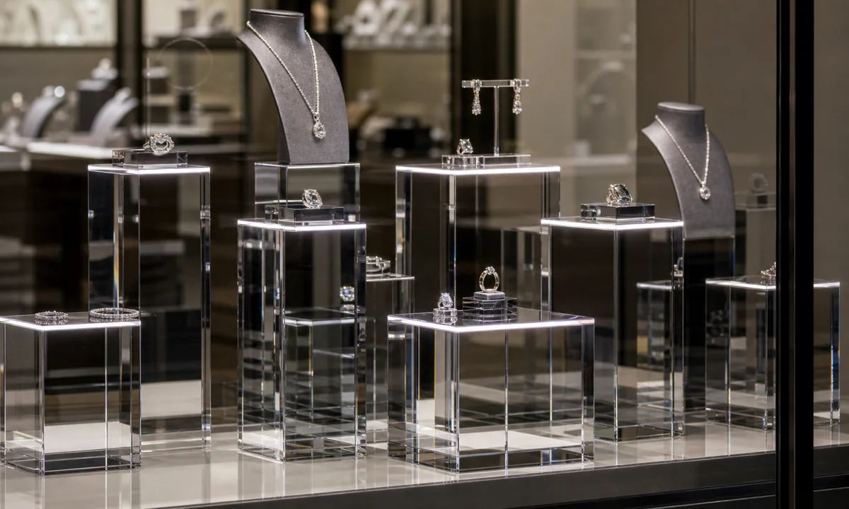 Mirror-Finish Acrylic Pedestals: 16-Unit Jewelry Boutique Window Display