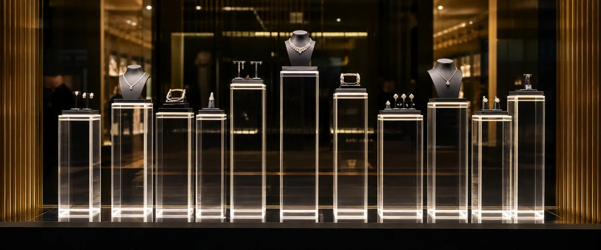 Mirror-Finish Acrylic Pedestals: 16-Unit Jewelry Boutique Window Display