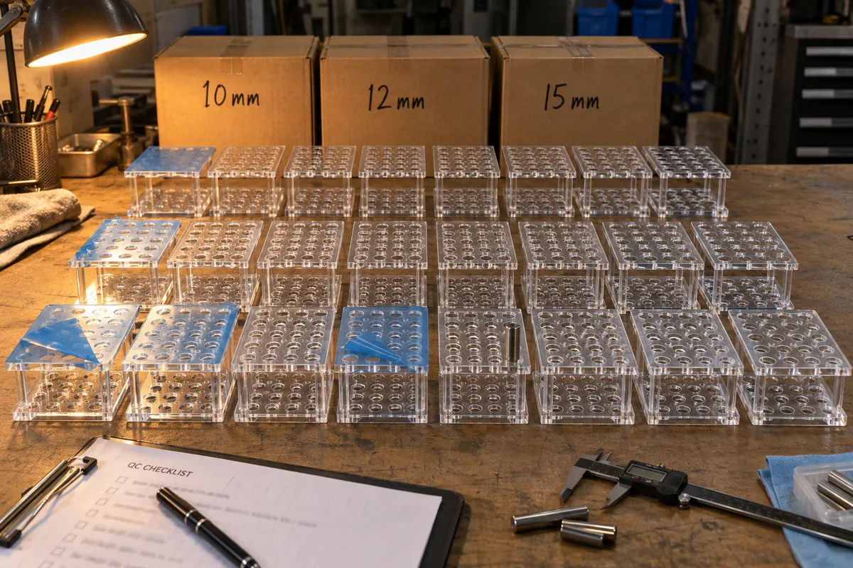 Custom clear acrylic tube racks from this order lined up on the QC table before packing