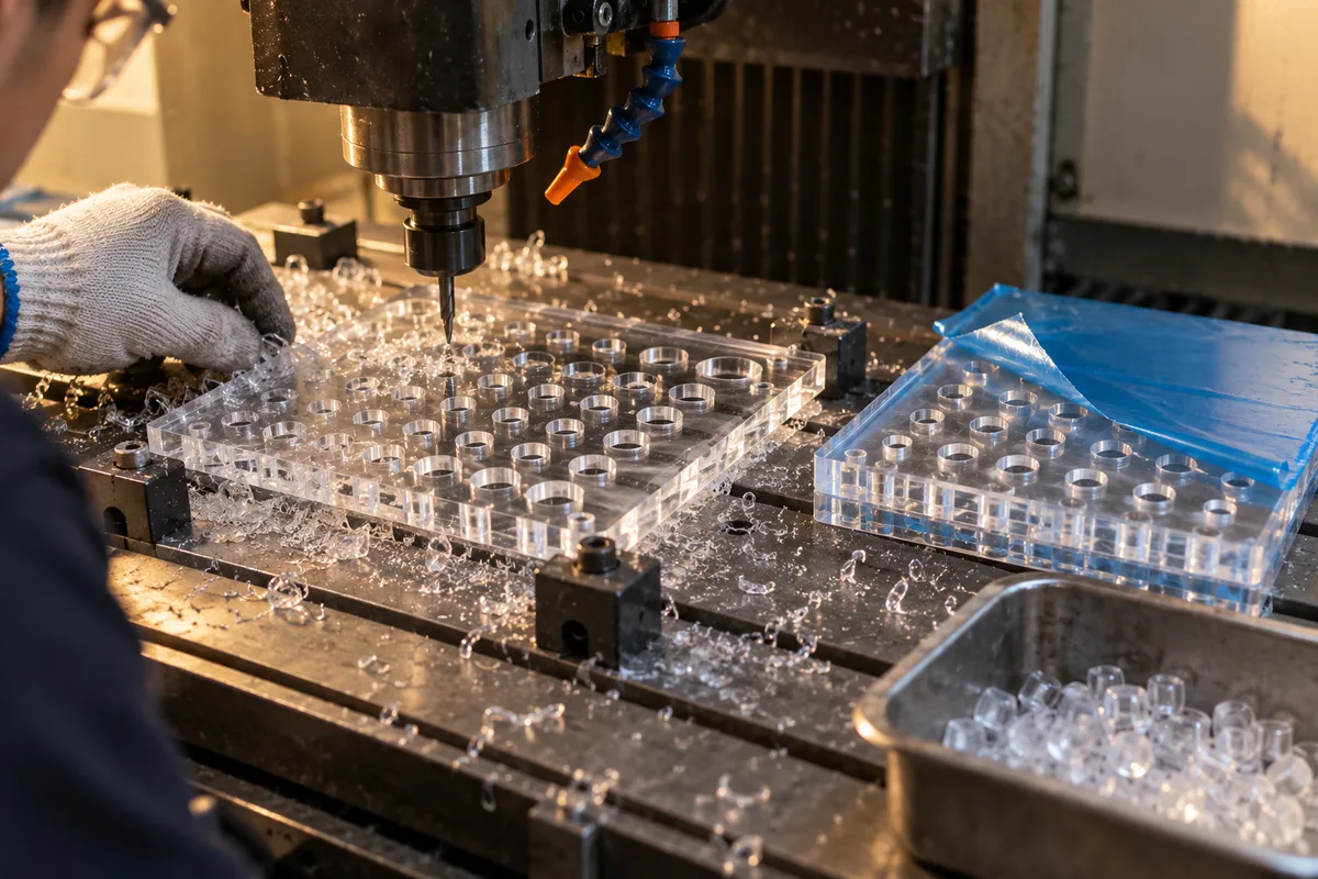 CNC drilling a grid of holes in a clear acrylic laboratory tube rack plate
