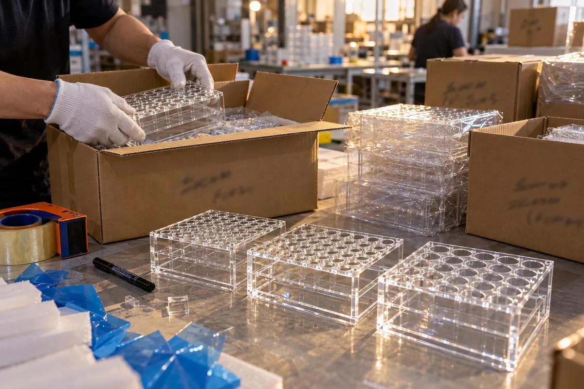 Finished clear acrylic tube racks in three hole sizes packed into labeled export cartons