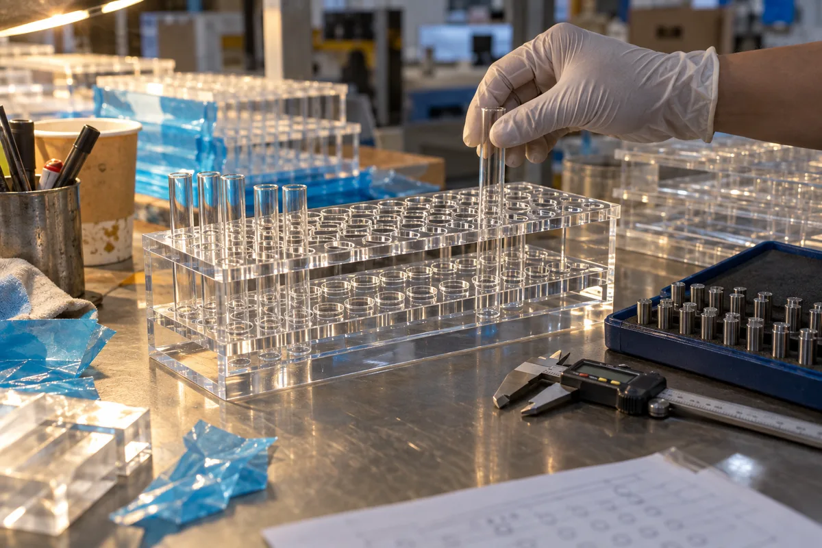 Checking test tube slip fit in a drilled clear acrylic tube rack plate with pin gauges