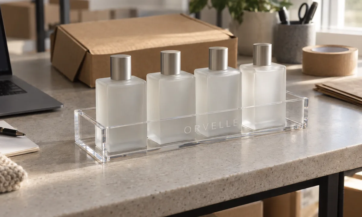 Clear four-bottle acrylic perfume tray with a laser-etched logo on the front face