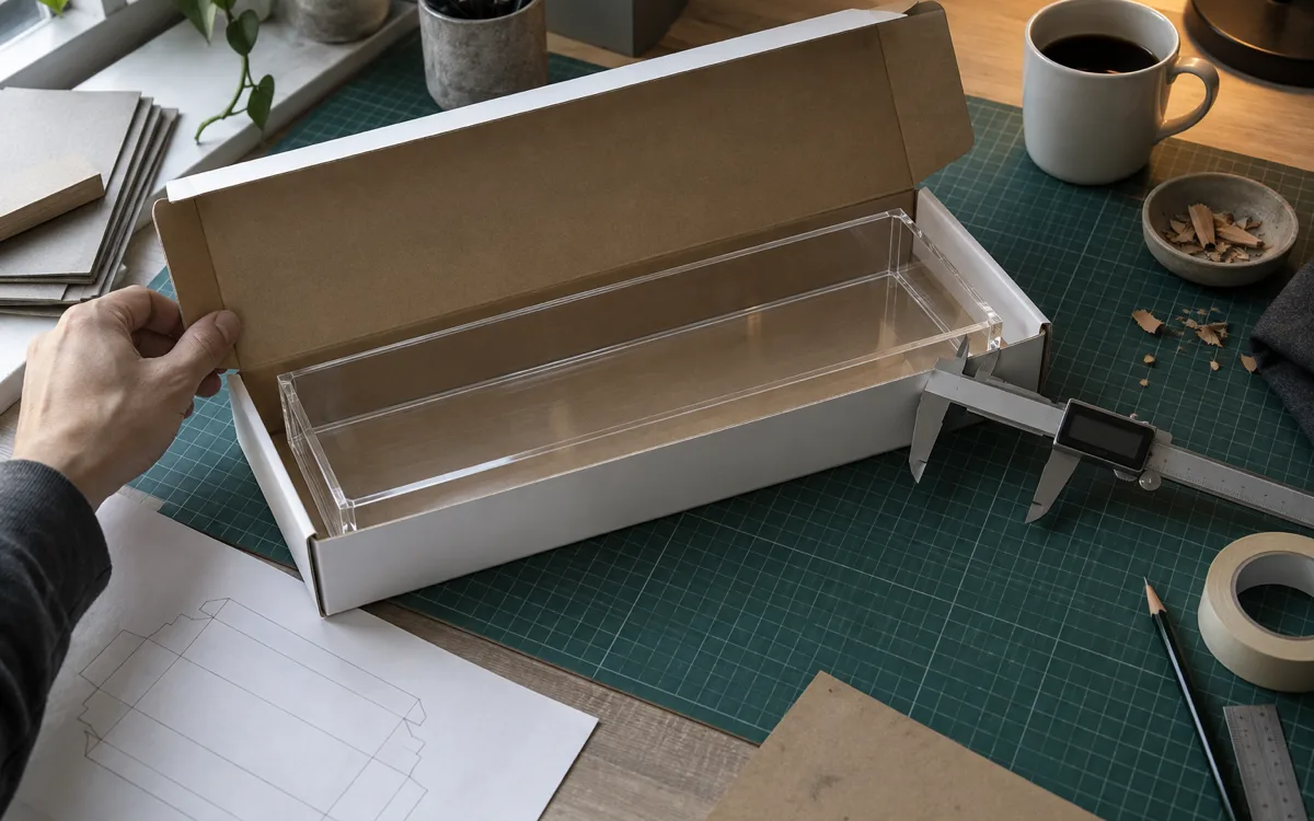 Un-etched clear acrylic four-bottle tray sample sitting inside an open white retail box prototype on a packaging desk with calipers and a pencil box-net sketch