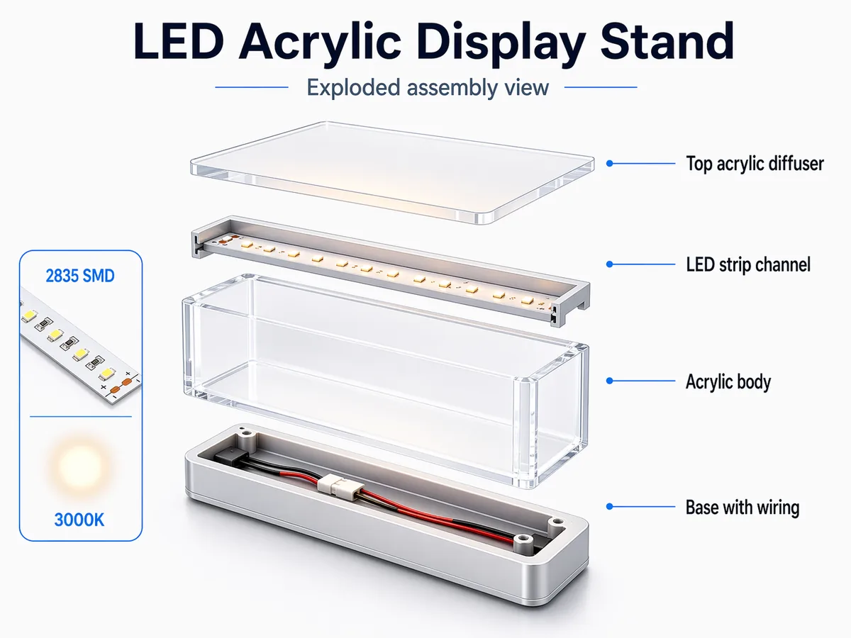Exploded assembly view of an LED acrylic display stand showing top diffuser, LED strip channel, acrylic body, and base with wiring