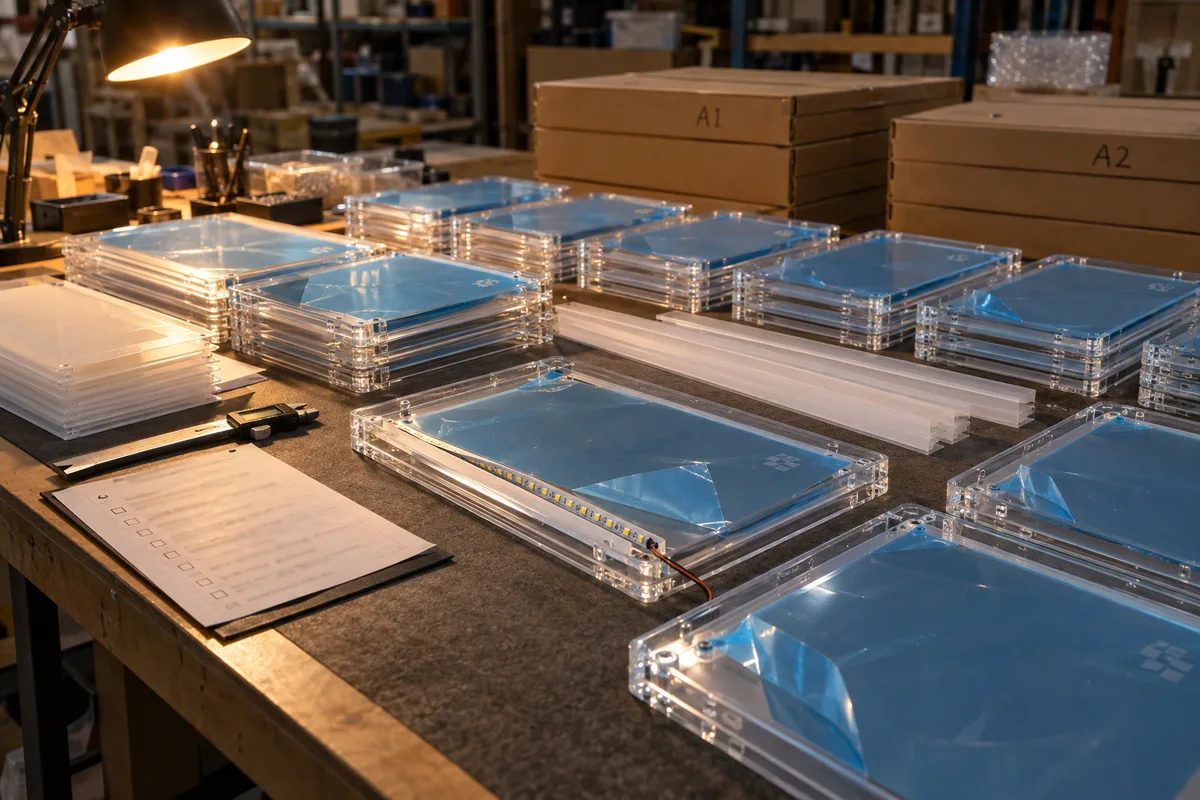 Acrylic LED light-box frame kits: frame body with CNC-machined LED channels from this order lined up on the QC table before packing