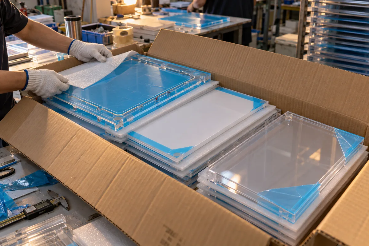Flat-packed acrylic light box frame kits with opal diffusers and clear faces in a carton