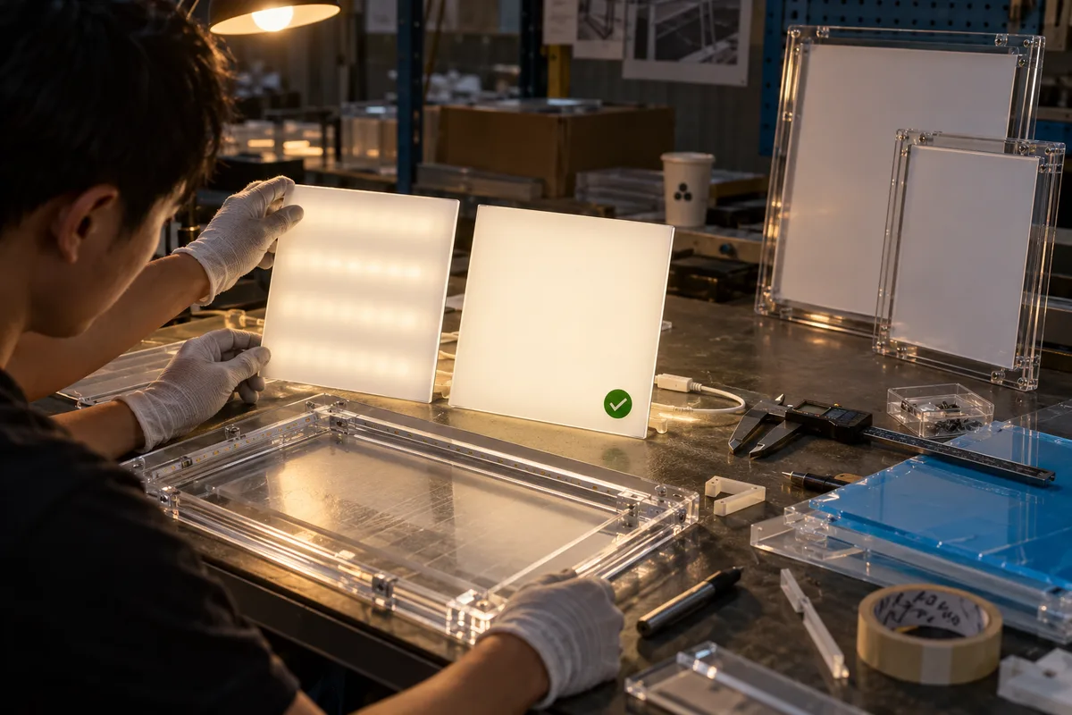 Two opal acrylic diffuser samples lit by the same LED module, compared for hotspots