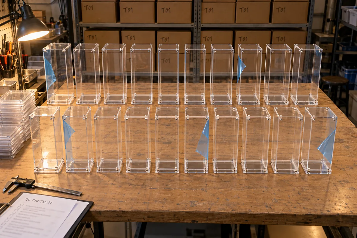 Non-electrical clear acrylic enclosures for tall LEGO Technic models with drawing-defined base and support from this order lined up on the QC table before packing