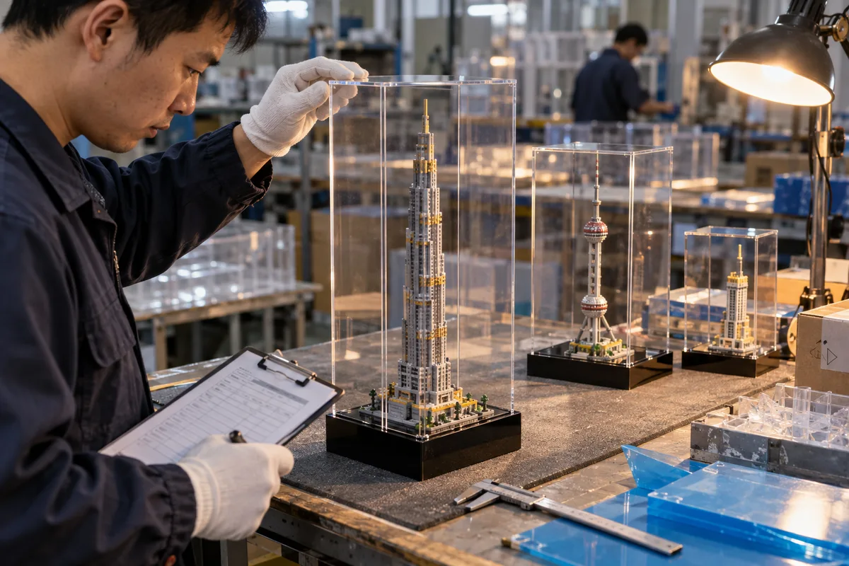 Inspecting the closure of a tall clear acrylic display case with a checklist