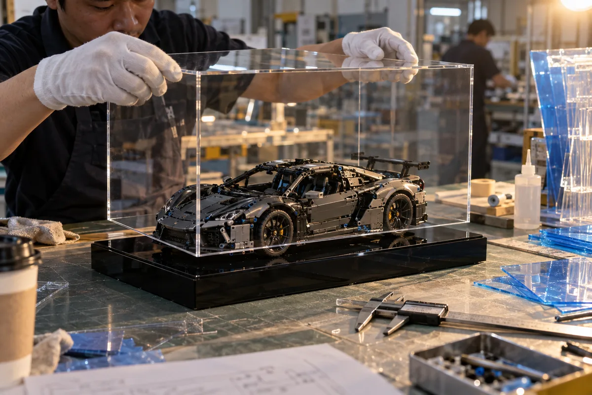 Fitting a tall clear acrylic display cover over an assembled brick model on a black plinth